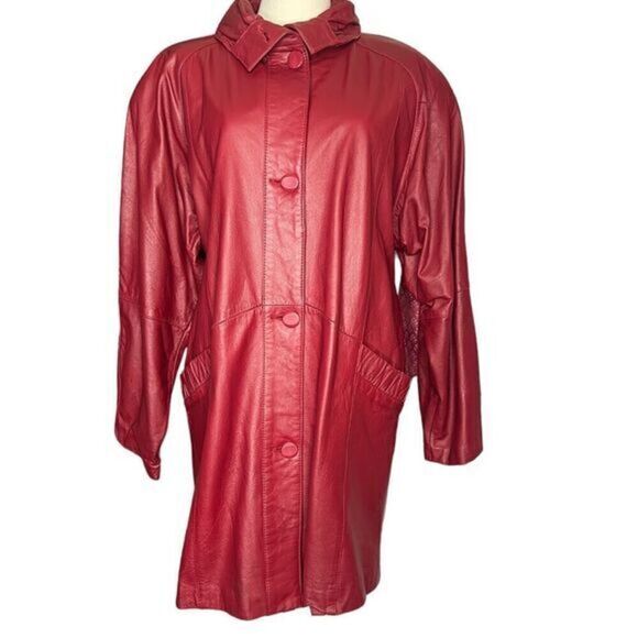 PELLE Red Leather Mid Length‎ Jacket Fully Lined Shoulder Pads Size Medium - Picture 1 of 12